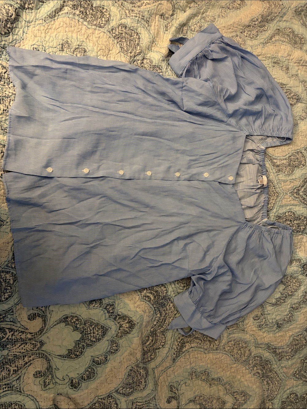 LC Lauren Conrad Blue and White Square Neck Button-Front Puff Sleeve Top